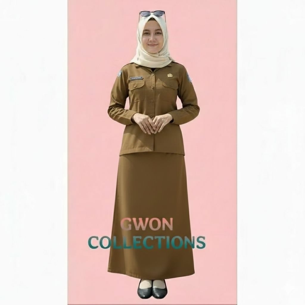 SERAGAM WANITA SAKU DADA SET ROK A WARNA KHAKI TUA
