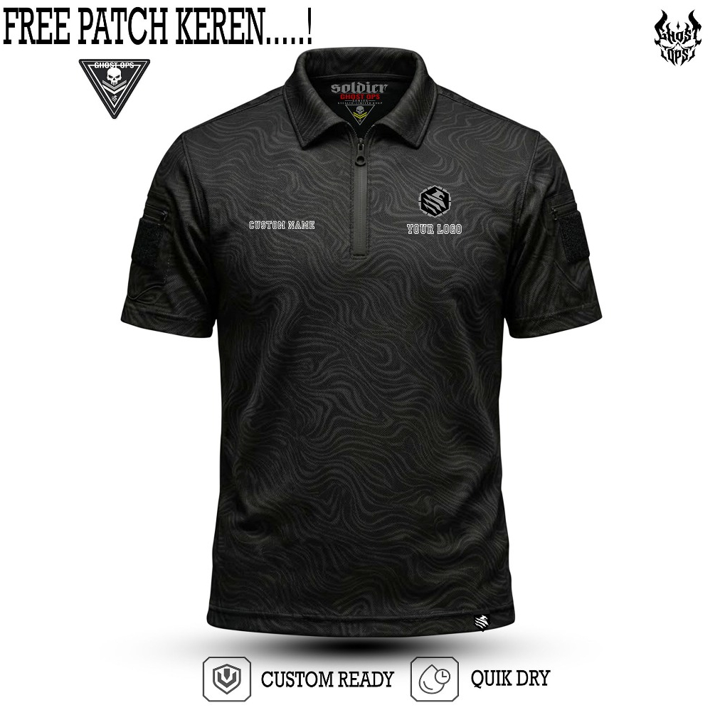 Kaos Polo Tactical Zipper – Dryfit Emboss Bisa Custom Logo (Ghost Ops Series)