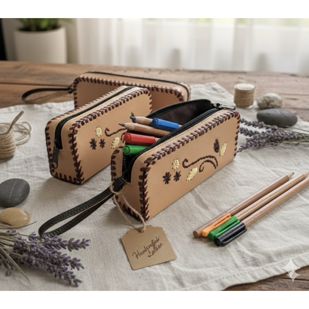 Dompet Leather Sleeve Case Basic Sulam Batik / Wadah Kunci Koin Kotak Tempat Pensil