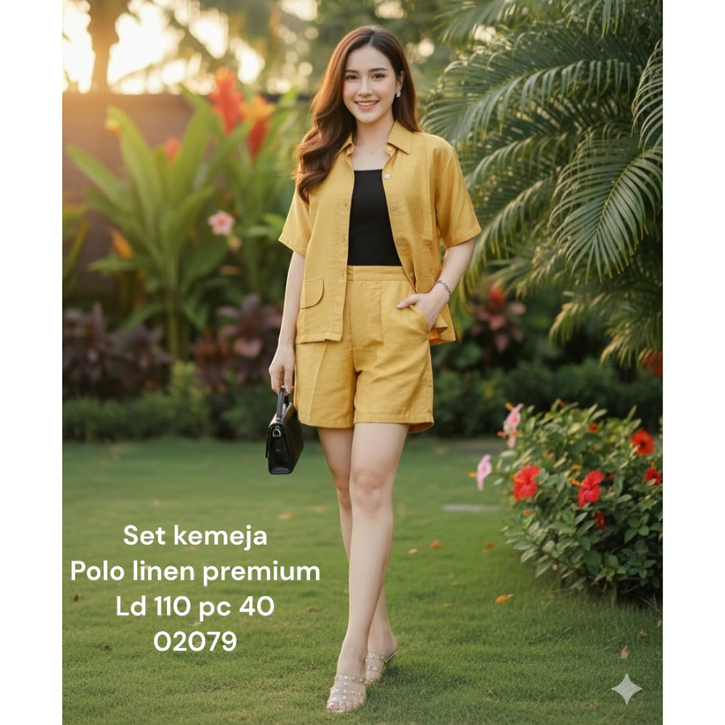 Setelan Linen Polos / Setelan Kemeja Linen Premium Wanita / Setelan Linen Celana Pendek