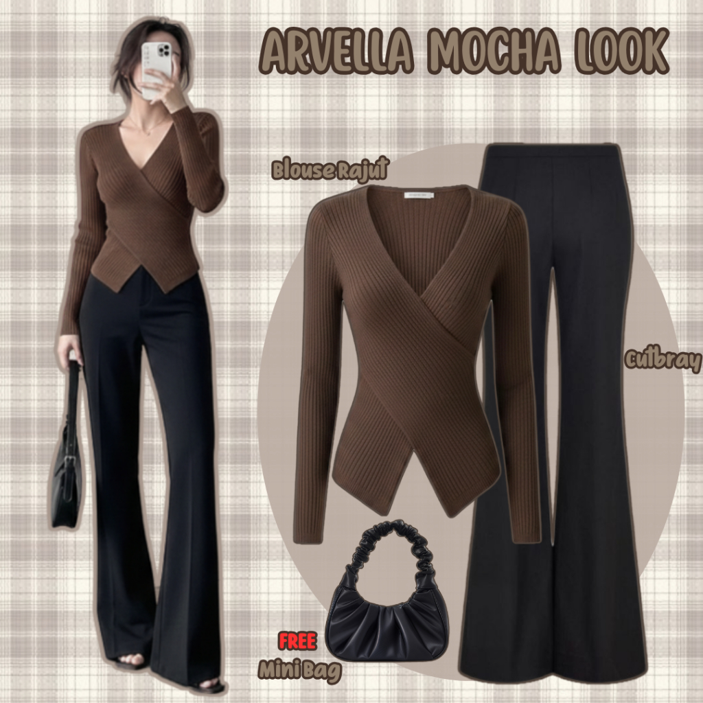 One Set Korean Style Blouse Rajut dan Celana Cutbray | Outfit Wanita Remaja Kekinan Simple Elegant