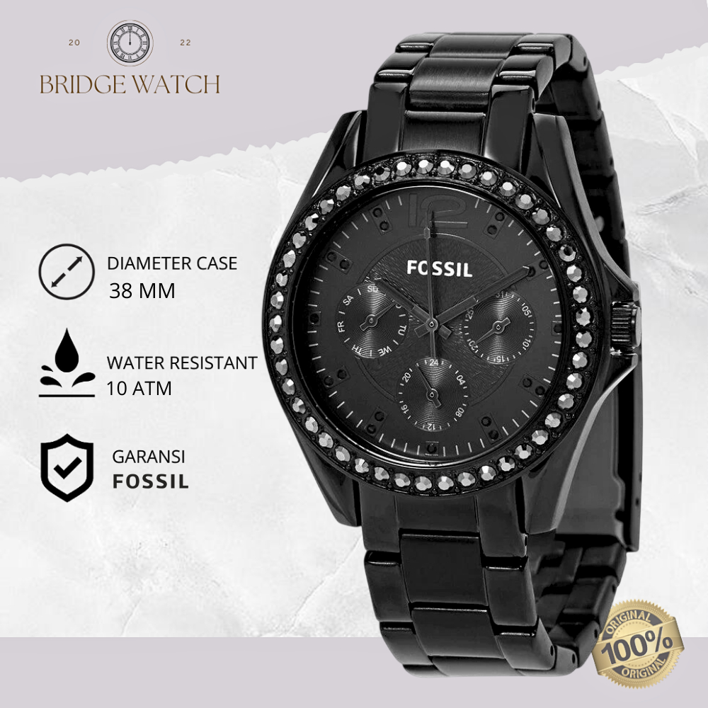Jam Tangan Wanita Fossil Riley ES4519 Analog Chronograph Black Stainless Steel Strap Hitam Diamond C
