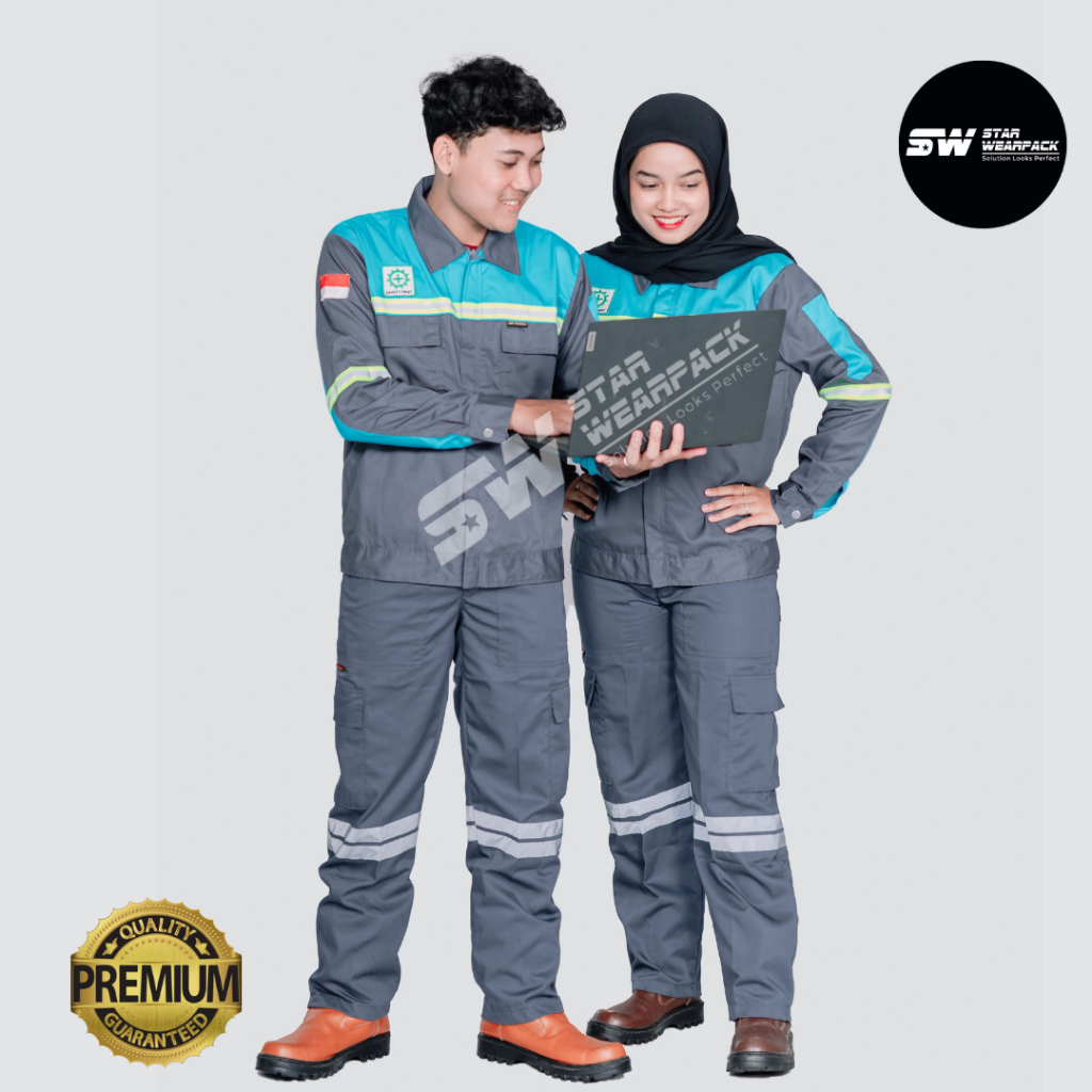 Wearpack Setelan Warna Abu Kombinasi Biru Langit Baju & Celana Panjang