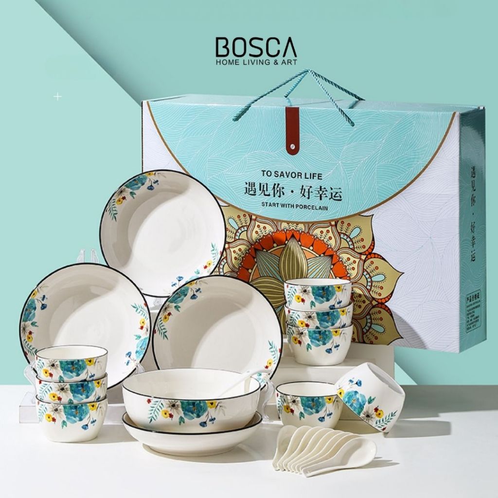 Bosca Living - Set Piring Makan Azure isi 16 dan 10 / Dinnerware Set / Piring Makan Keramik Corak Or