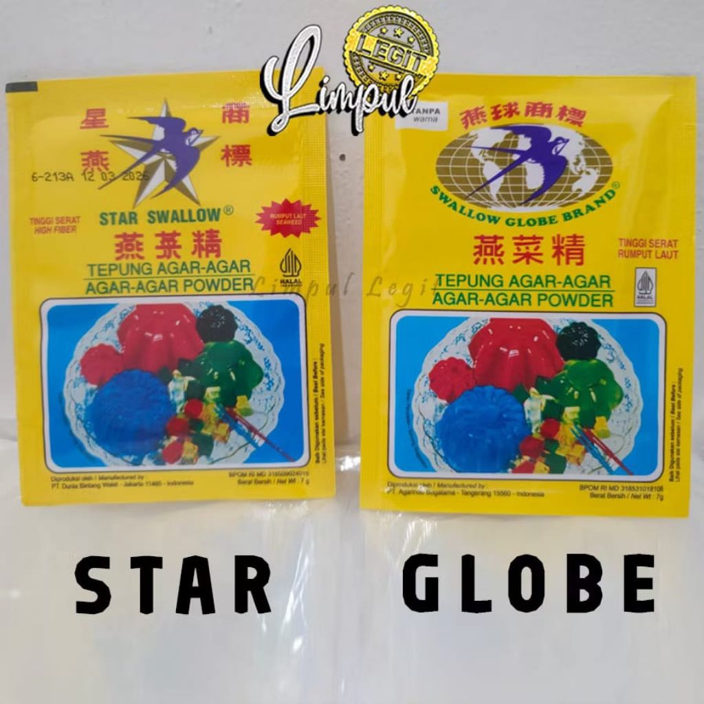 Agar Agar Swallow Sun Double Powder Putih Plain Star Globe Merah Coklat Hijau Kuning Lengkong Swallo