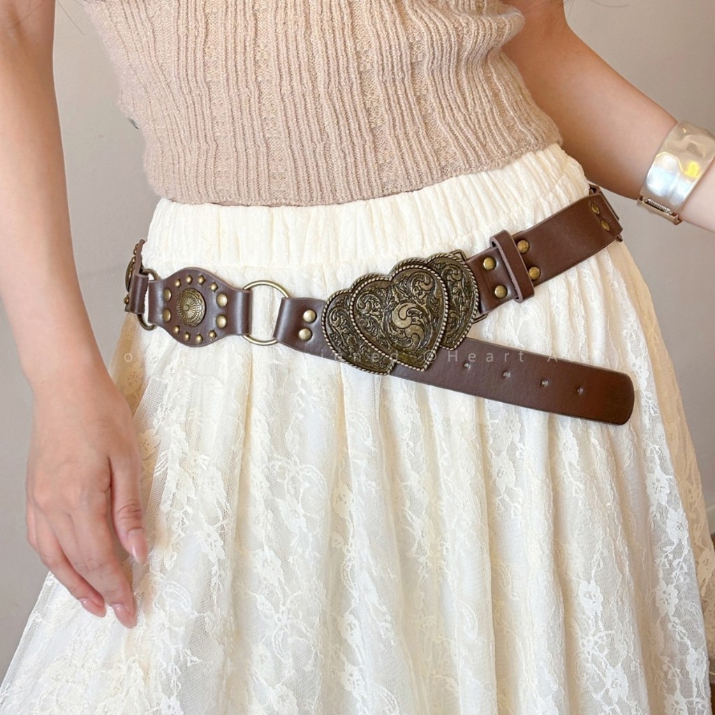 Sabuk Kulit Rantai Wanita Gesper Hati Retro | Ikat Pinggang Lebar Cokelat Fashion Korea Gaya Vintage