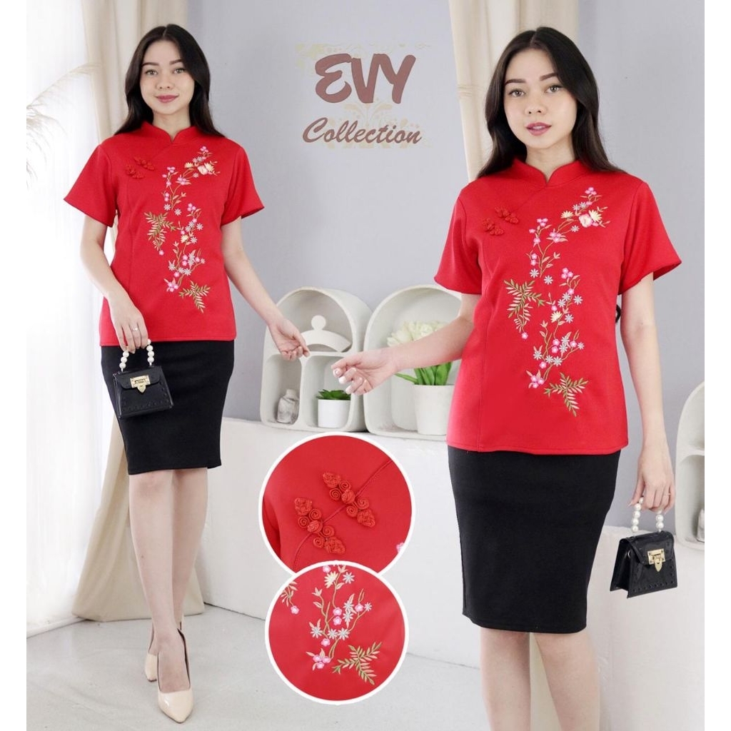 Blouse Wanita Shanghai Motif Bunga Sakura Bahan Scuba