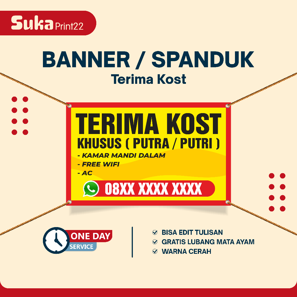 SUKA PRINT - Cetak Spanduk Terima Kost / Banner Ada Kontrakan Kosong / Ada Kost Kosong