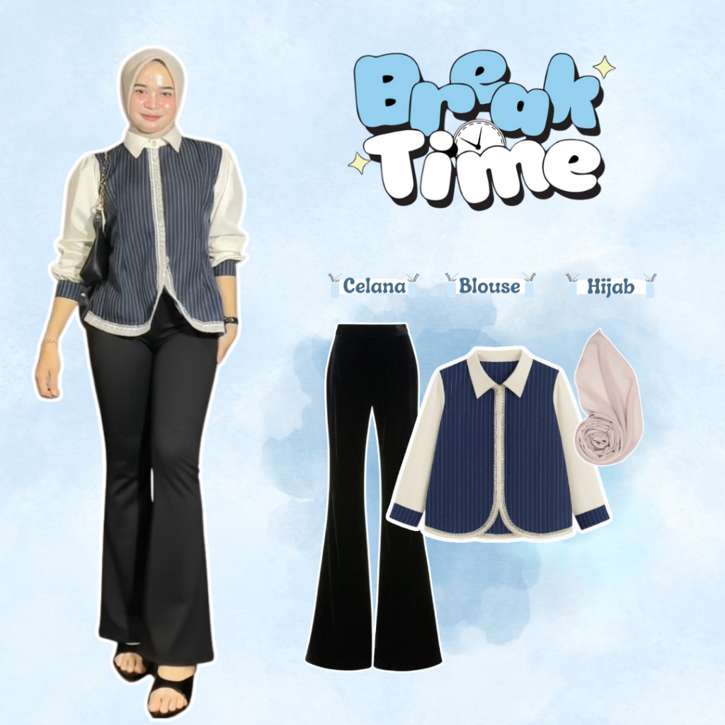 One Set Outfit Hijab Modest Kekinian 3in1 / Blouse Shena Semiwool Lengan Panjang + Celana Scuba Prem