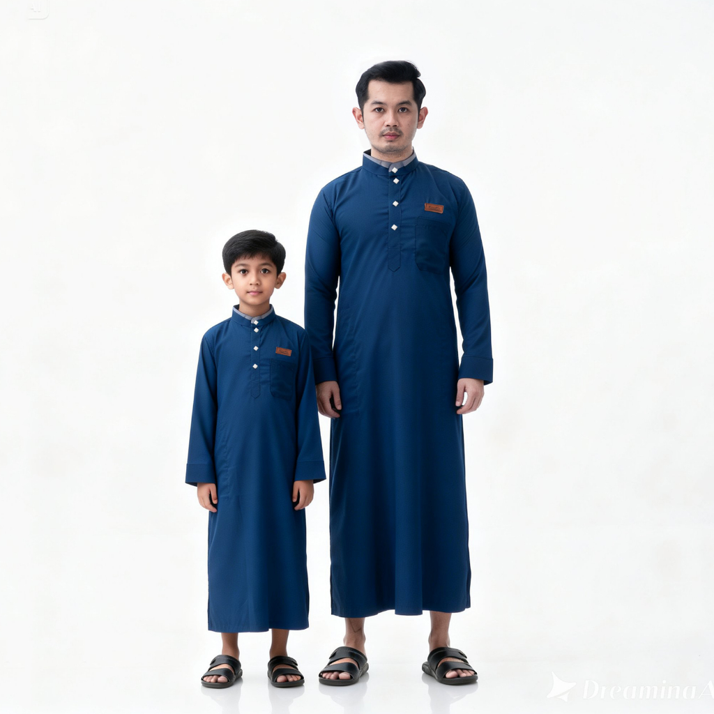 Jubah Pria Premium Couple Ayah dan Anak Laki Laki || Baju Gamis Koko Muslim Sarimbit Lebaran Biru