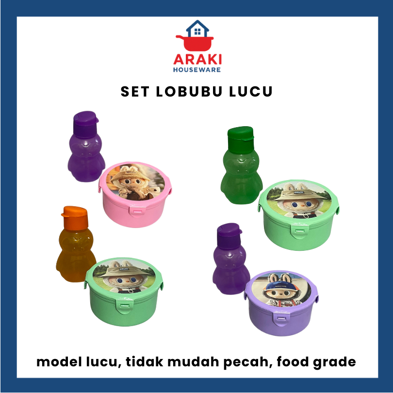 LOBUBU LUCU SET Botol Minum + Lunch Box | Tempat Bekal Kotak Makan Botol Souvenir Ultah