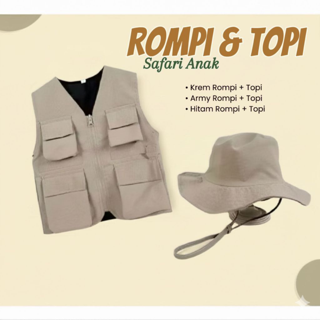 Rompi Dan Topi Anak Safari Zoo/Vest Rompi Topi Anak Mancing/Rompi Topi Anak Laki laki Perempuan Outd