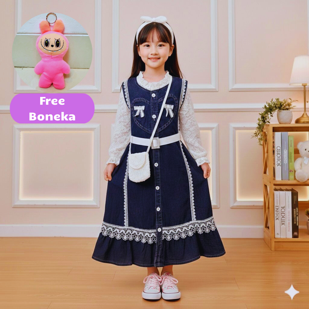 Dress Gamis Jeans Mix Brokat Import Anak Perempuan Usia 3-12 Tahun Trendy Fashion Anak Termurah