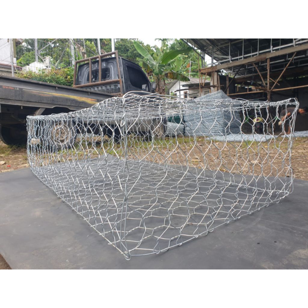 Kawat bronjong galvanis pabrikasi | ukuran 2x1x0,5m | tebal kawat anyam 2,7mm, tebal kawat sisi 3,4m