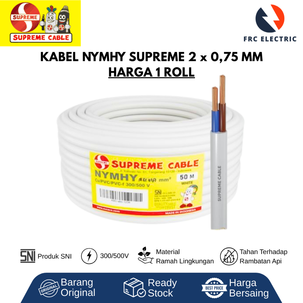 KABEL NYMHY - KABEL SUPREME - KABEL LISTRIK - KABEL SERABUT - KABEL NYMHY 2 X 0,75 MM 50 METER