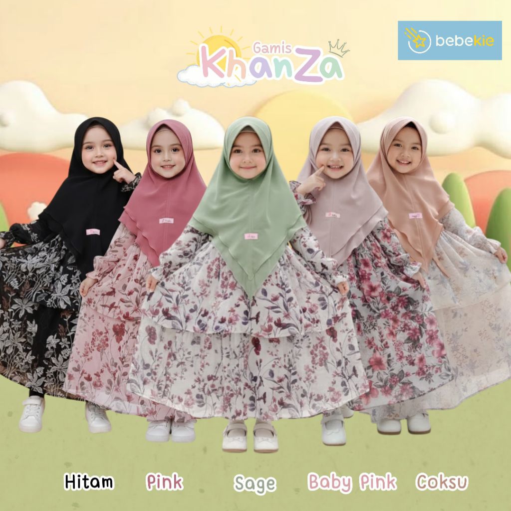 Gamis Anak perempuan muslim terbaru ceruty khanza 1 sampai 10 tahun set hijab syari original