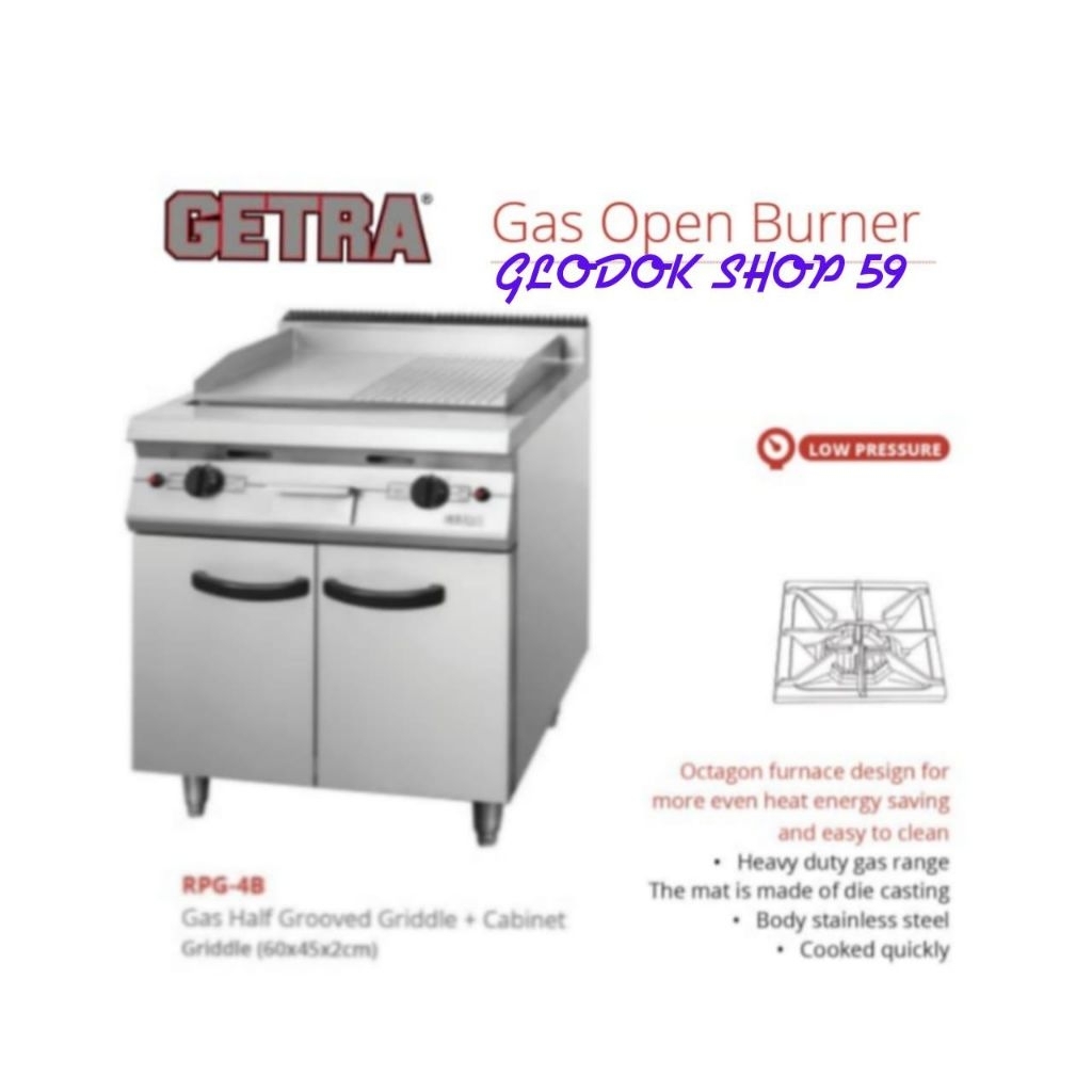 Kompor Gas GETRA RPG-4B / RPG 4B Kompor Pemanggang Gas Half Grooved Griddle + Cabinet Griddle Stainl