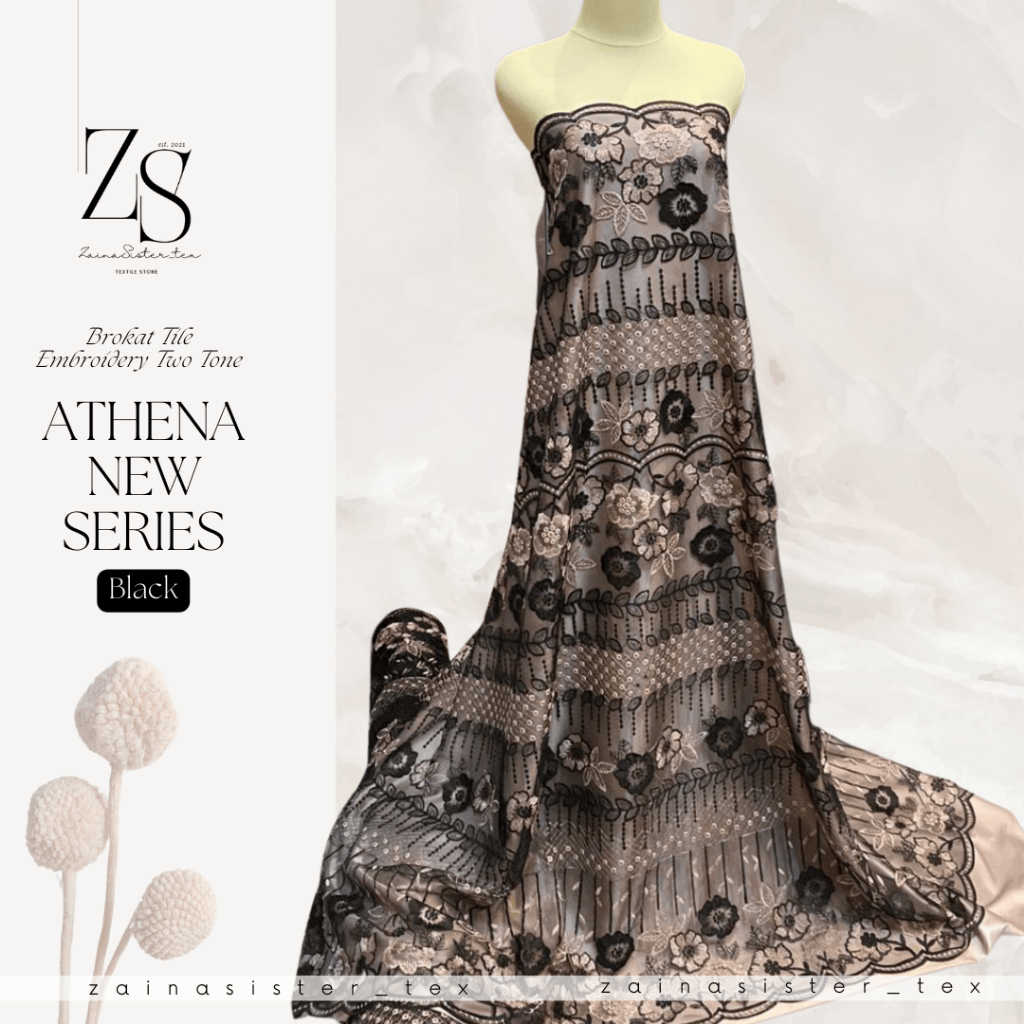1/2 Meter Kain Brokat Tile Bordir Premium Embroidery Two Tone Athena New Series Warna Hitam Black Ba