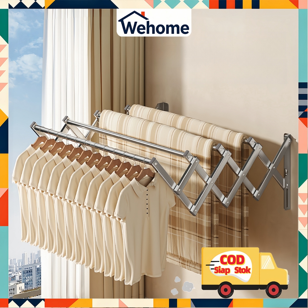 Wehome Jemuran Baju Dinding Stainless Steel Jemuran Dinding Lipat 200/150/100CM 3/4/5 Tiang Anti Kar