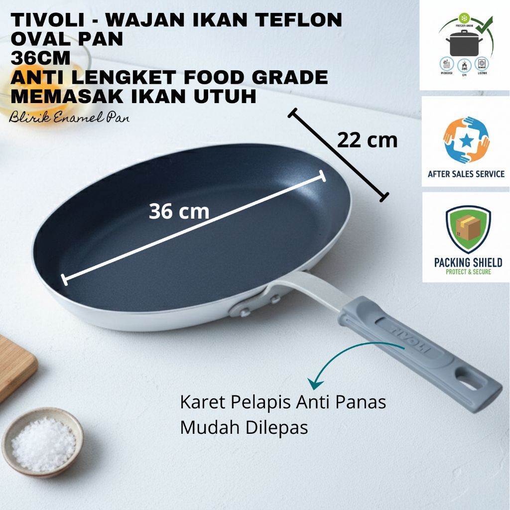 Tivoli - Wajan Ikan Teflon Oval Pan 36cm - Lapisan Anti Lengket Food Grade untuk Mengukus & Menggore
