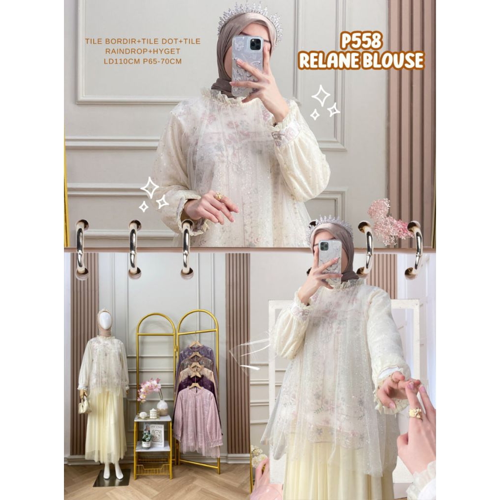 Grosir Relane Blouse P558 bahan tile bordir tile raindrop tile dot furing Ld 110