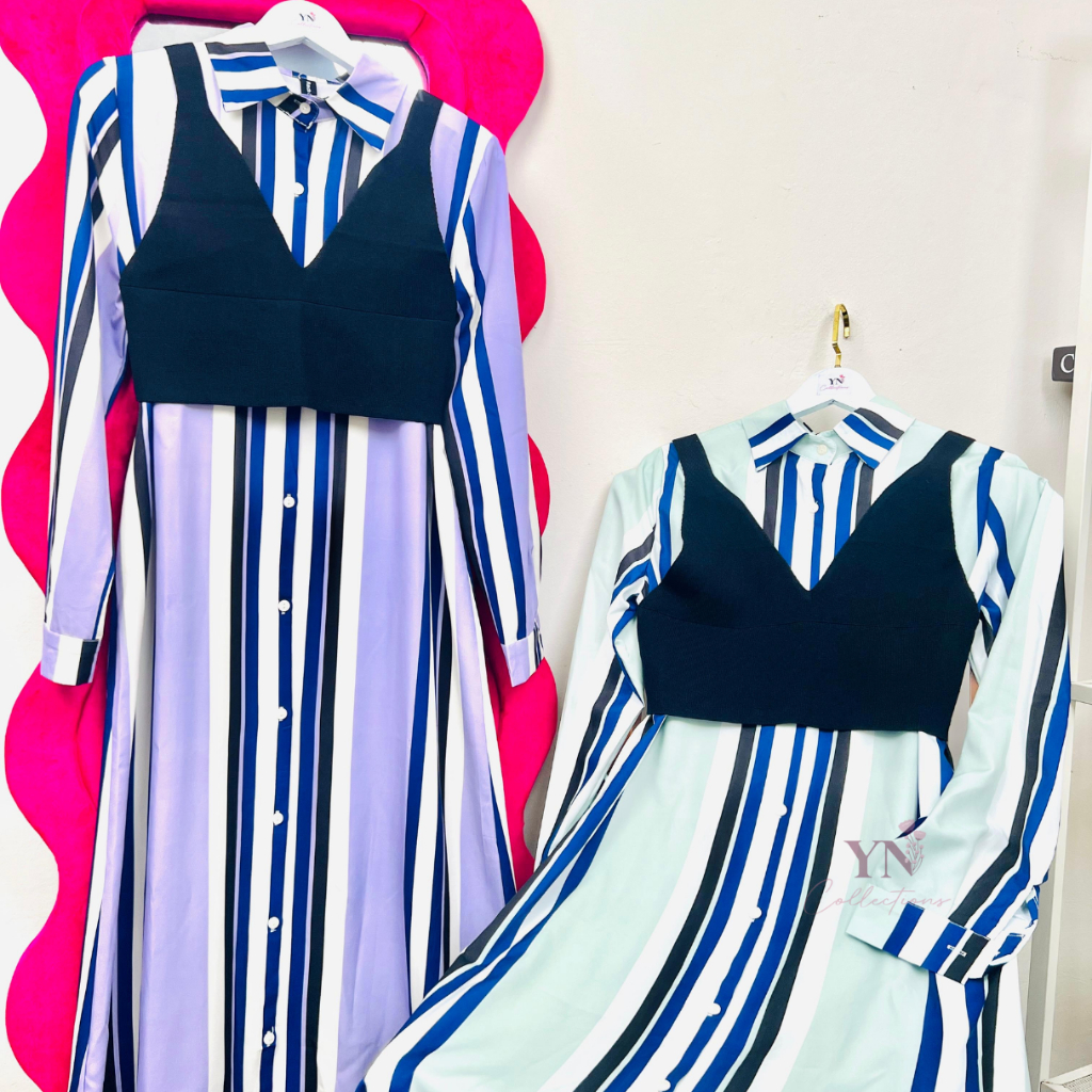 YN - Dress Panjang Salur Wanita | Dress Kombinasi Rompi Rajut Premium