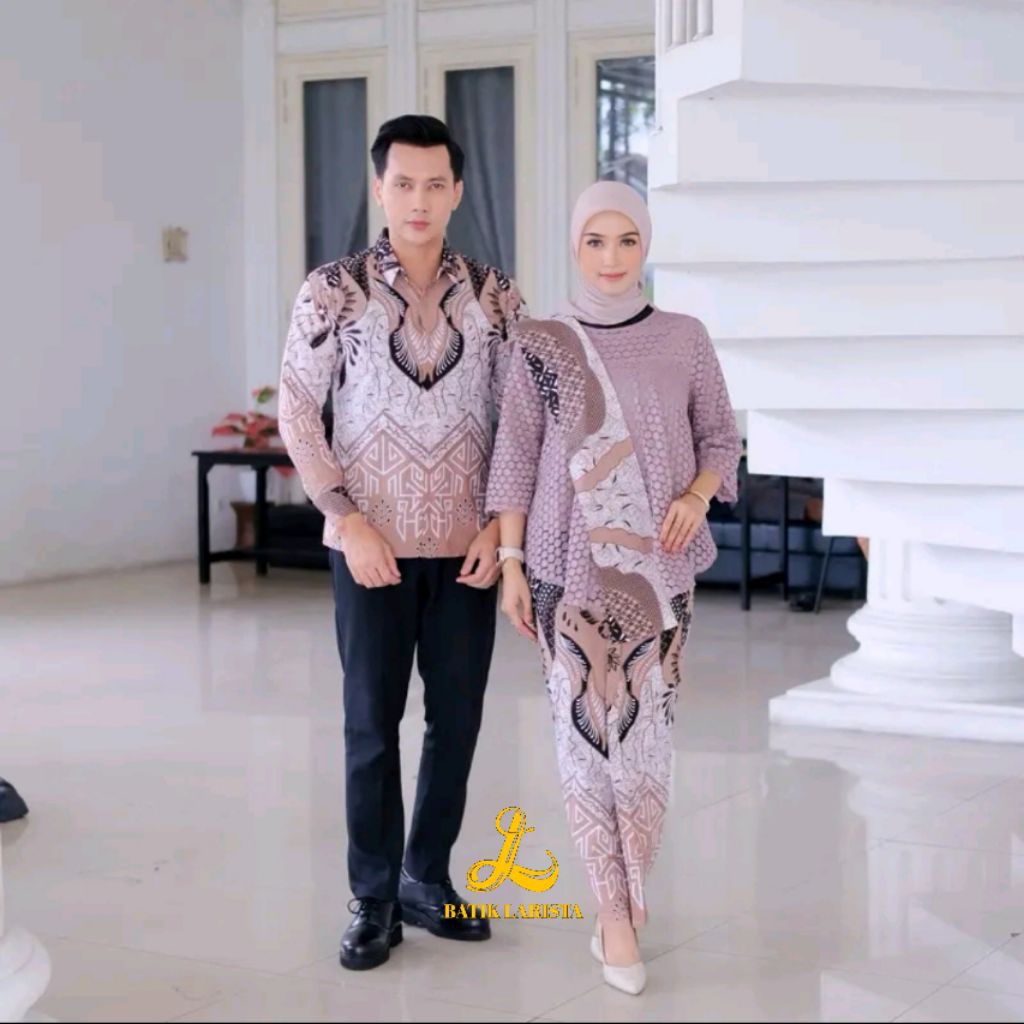 Larista Batik Couple Kemeja Batik dan Rok Wiru Wanita Motif Piramid Putih Modern Model Terbaru Keren