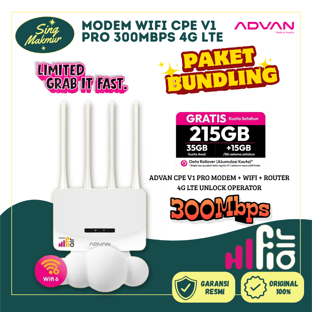 Advan HiFi Air 4G LTE Modem WiFi Portable – Free Paket Data Indosat 50GB