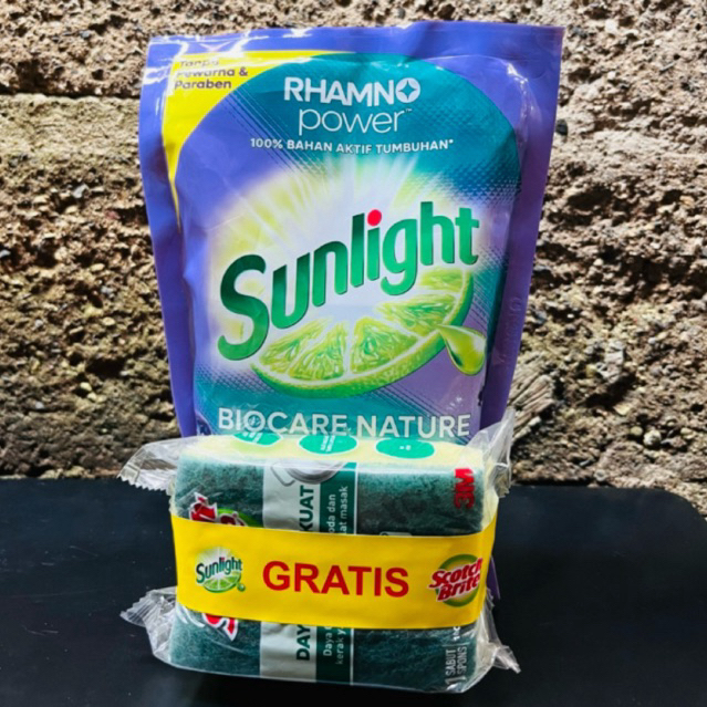 SUNLIGHT Sabun Cuci Piring Sunlight Rhamno Clean 600GR- Biocare + Free Spons