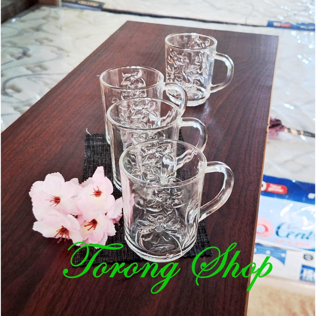 6 pcs Gelas  Kopi  Gagang Motif Kamboja Gelas kaca Bening