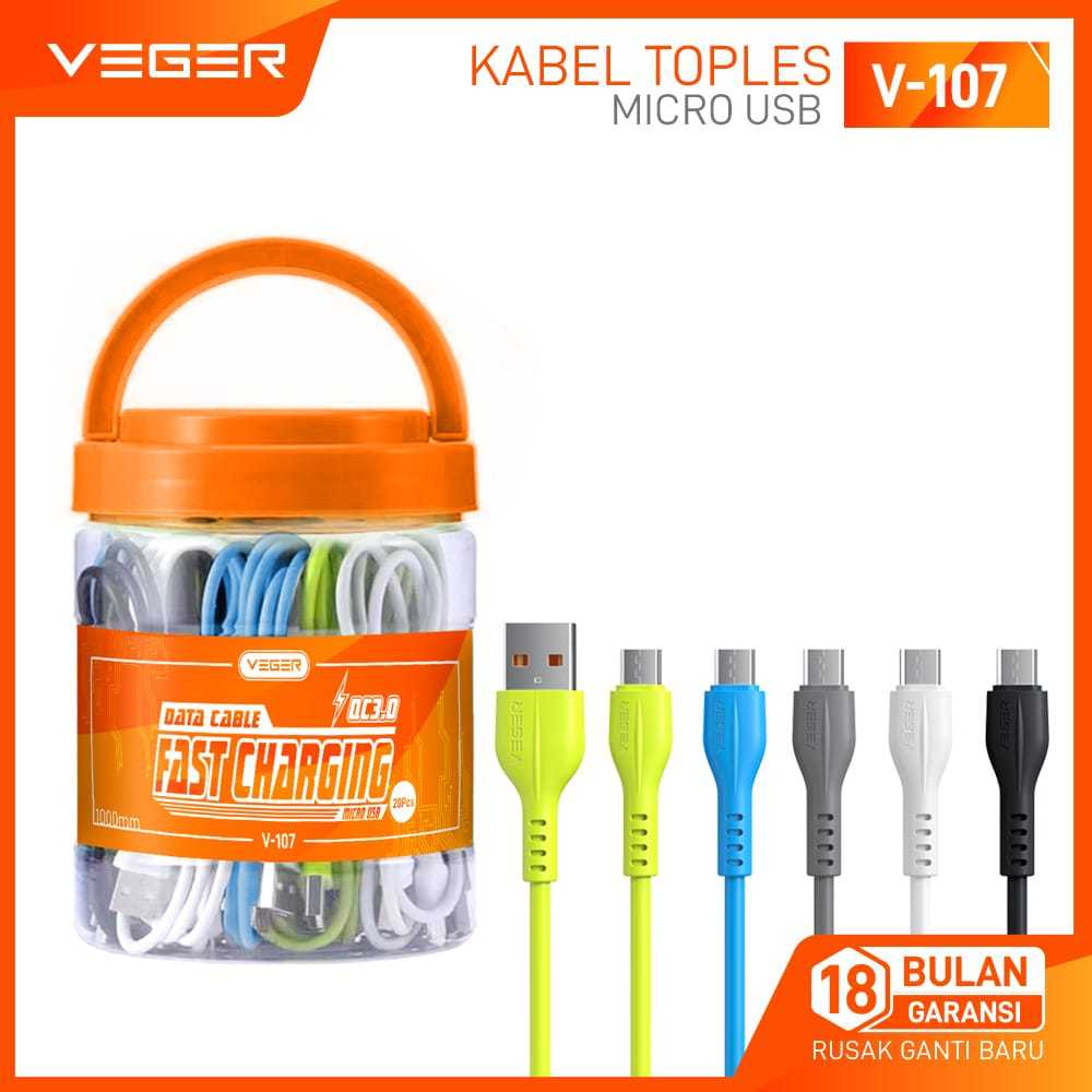 VEGER KABEL DATA V-107 MICRO/V-108 TYPE-C/V-109 LIGHTNING (1 TOPLES ISI 20 PCS) QC3.0 FAST CHARGING 