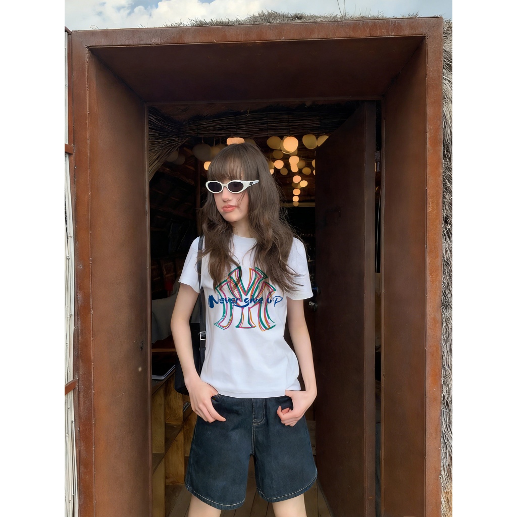 KANOKANO / Crop Tee / Crop Top / Cetakan MLB NY / Kaos Wanita / Kualitas Lebih Baik / Versi Korea /