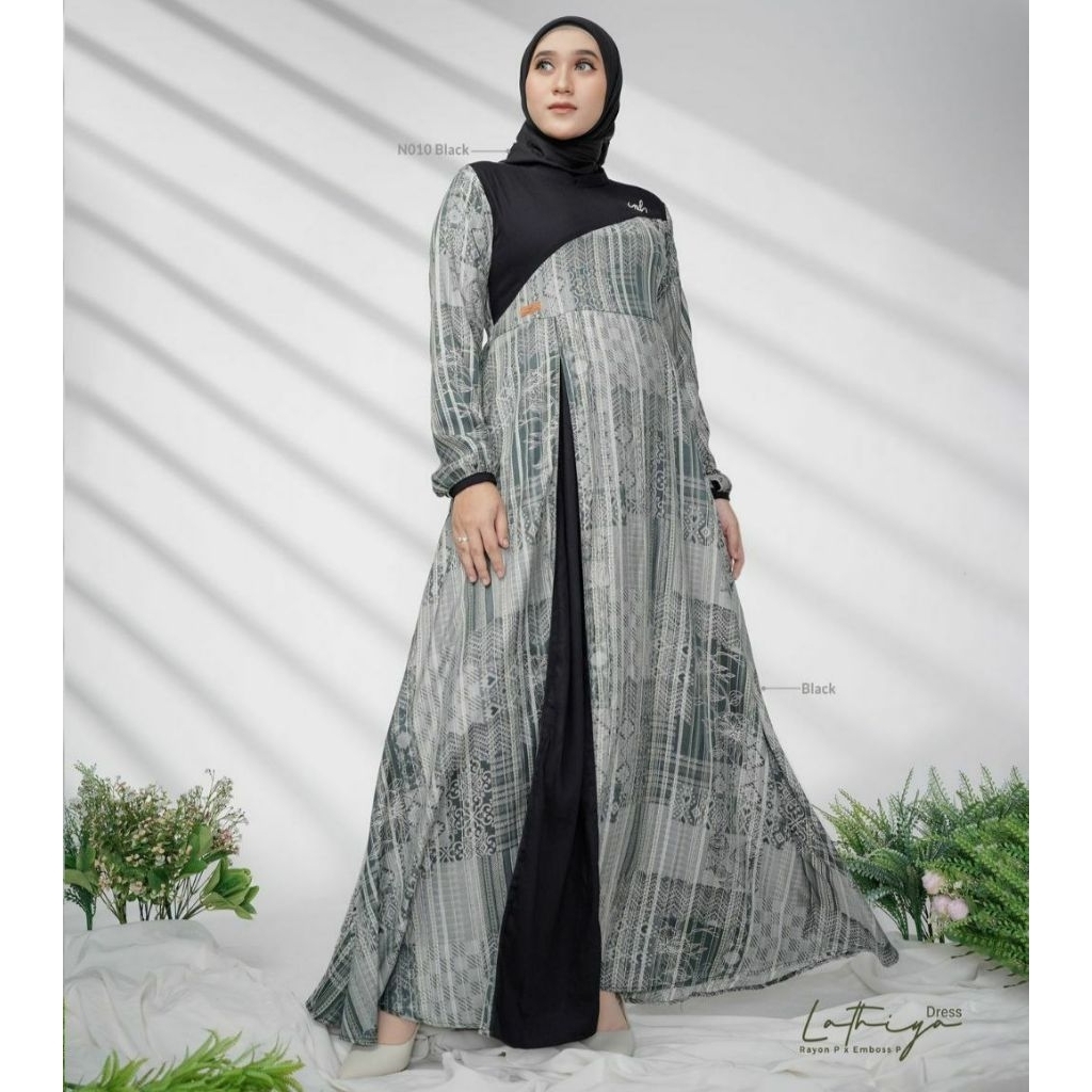 Nadheera Luxury - Lathiya Dress Rayon Premium X Embos Motif Etnik Kombinasi Mewah Anggun Slimmy Kera