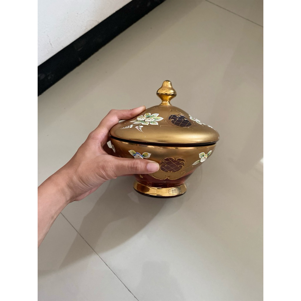 Kristal Bohemia Asli Vintage – Mangkok Bertutup Lukis Emas (Czech Crystal)