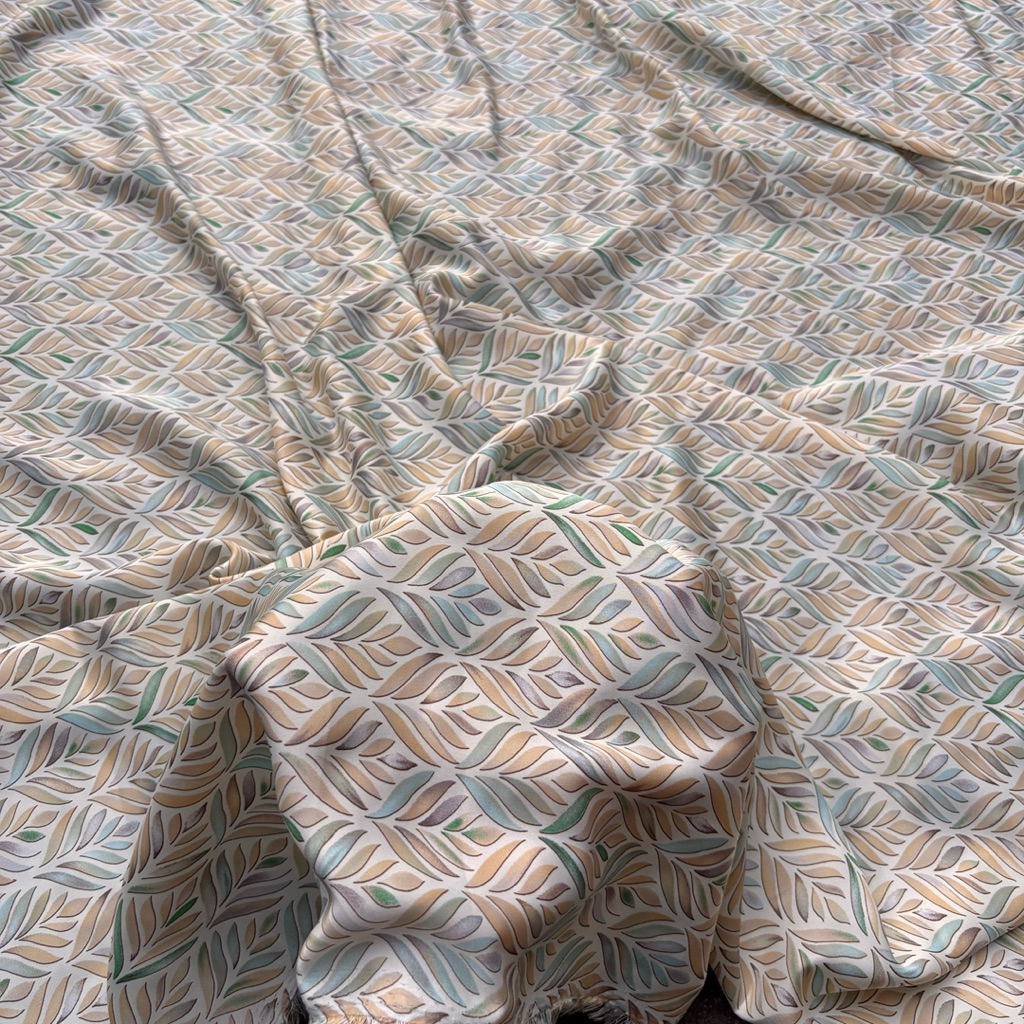 Kain Satin Silk Motif Geometris Daun - Bahan Silk Premium Mewah & Glowing - Meteran Untuk Gamis, Dre