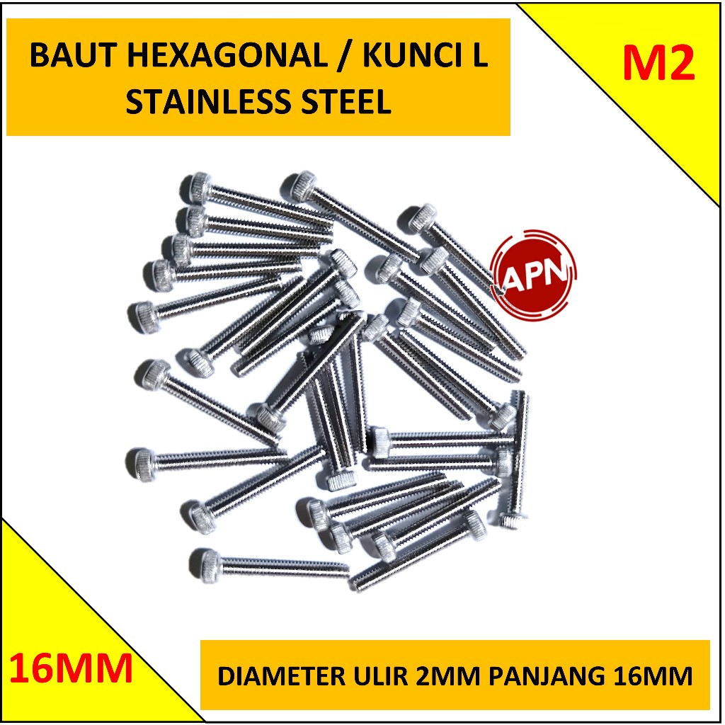 BAUT L / BAUT HEXAGONAL M2 STAINLESS STEEL PANJANG 16MM