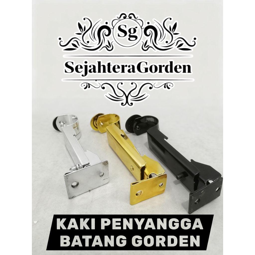 Kaki Penyangga Batang Gorden Besi Tebal Glossy Hitam Emas Silver | Bracket Gorden