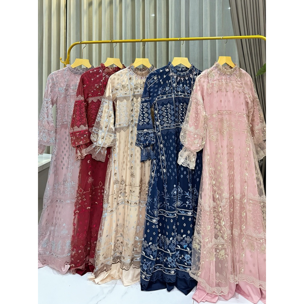 Gamis Malaysia bahan tille Bordir mix  fayet full furing armanisilk ori By Edness Kayla