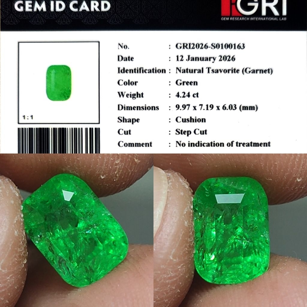 Natural Tsavorite Garnet 4.24ct GRI Bukan Emerald Zamrud Top Crystall Full Luster Nice Color Body Ka