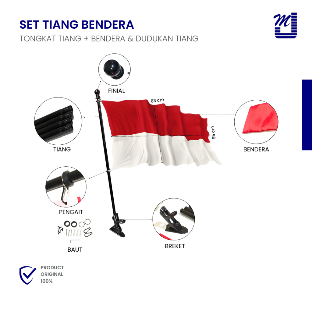 Set Tiang Bendera Dinding Lengkap + Holder Bracket & Bendera Indonesia