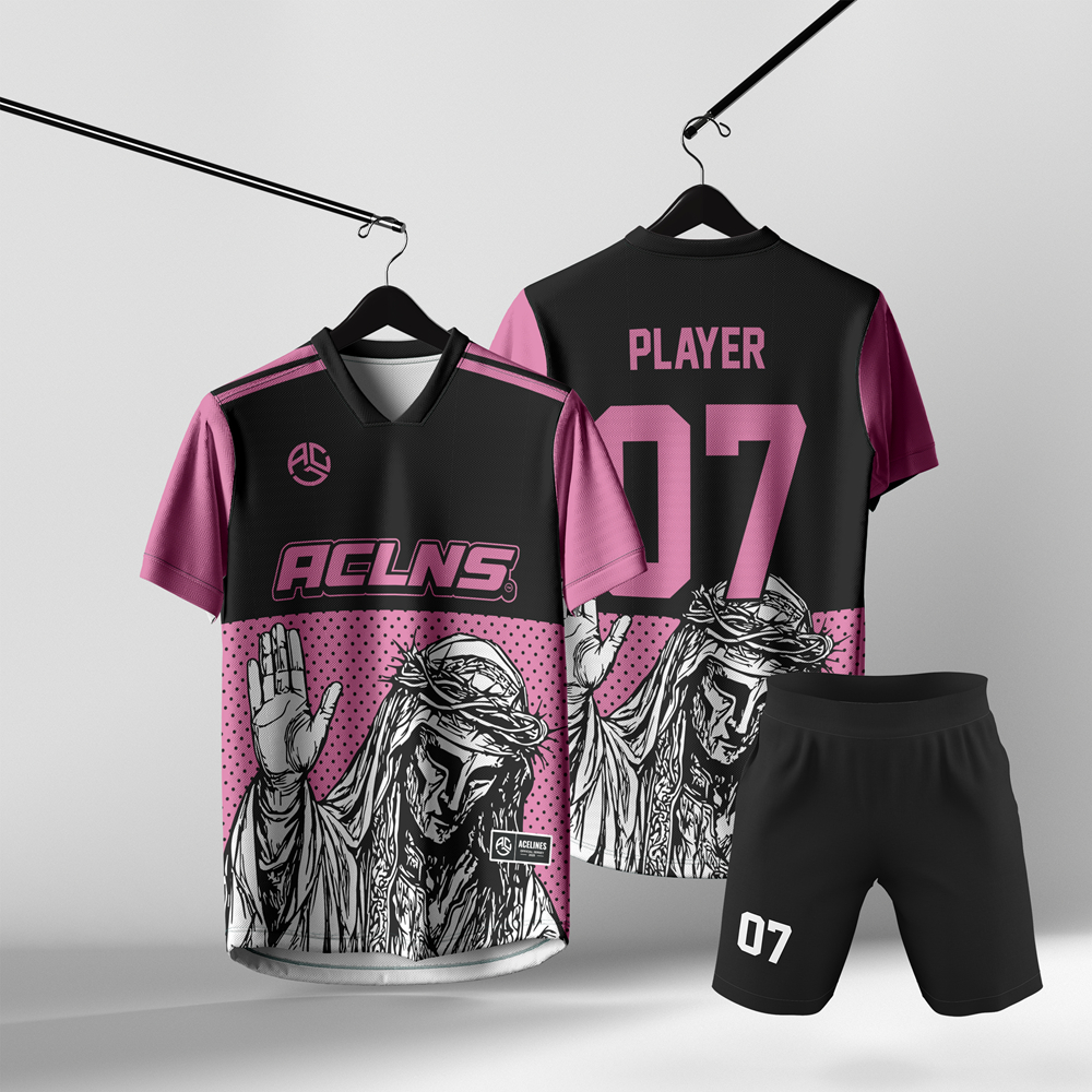 Setelan Jersey Futsal Tim Unisex Hitam Pink Motif Sketsa Wajah Artistik