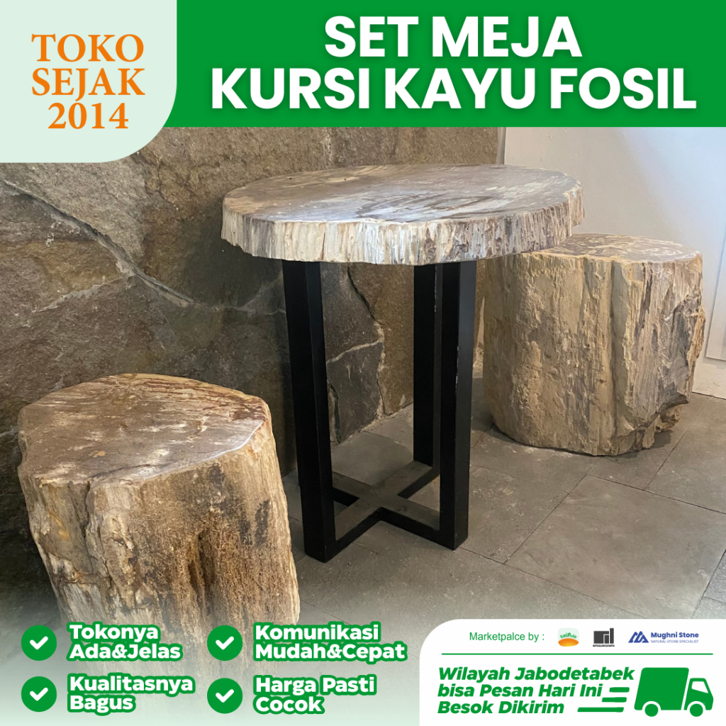 Set Meja Kayu Fosil – Furniture Taman Natural dan Estetik