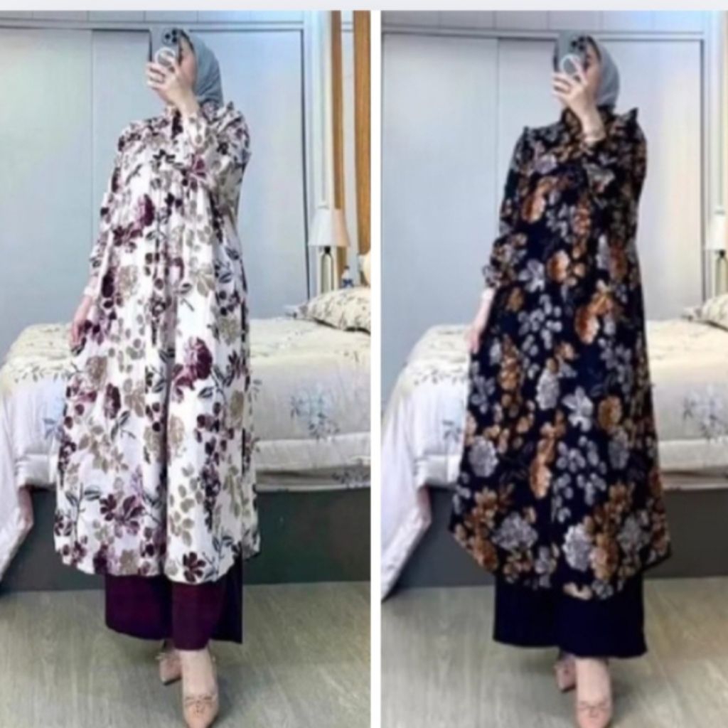 One set Long Tunik Kulot Rayon Motif Premium/Setelan Tunik Wanita Terbaru Kekinian/Sabrina Set Long 