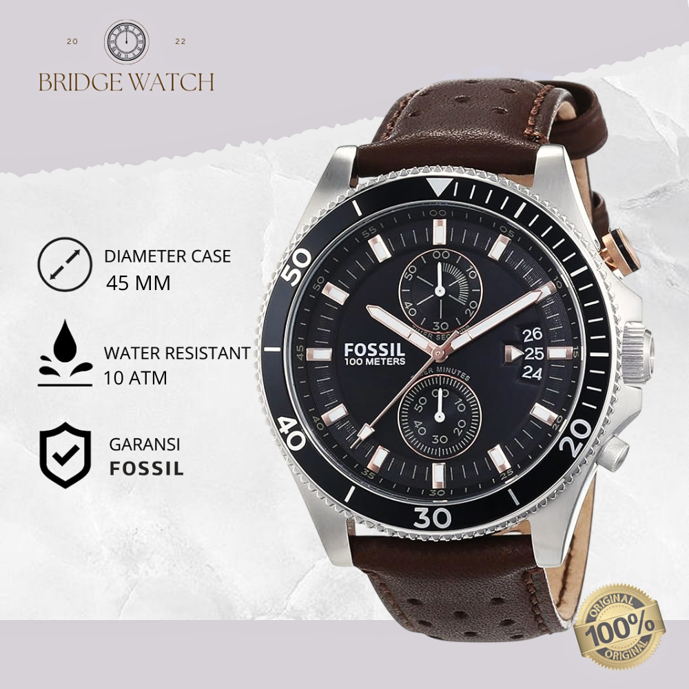 Jam Tangan Pria Fossil Wakefield CH2944 Analog Chronograph Brown Leather Sporty Casual Original