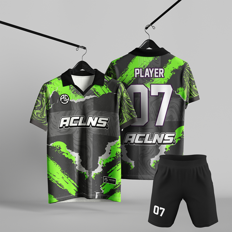 Jersey Futsal Tim Unisex Motif Grunge Abstrak Hitam Hijau Stabilo Full Printing