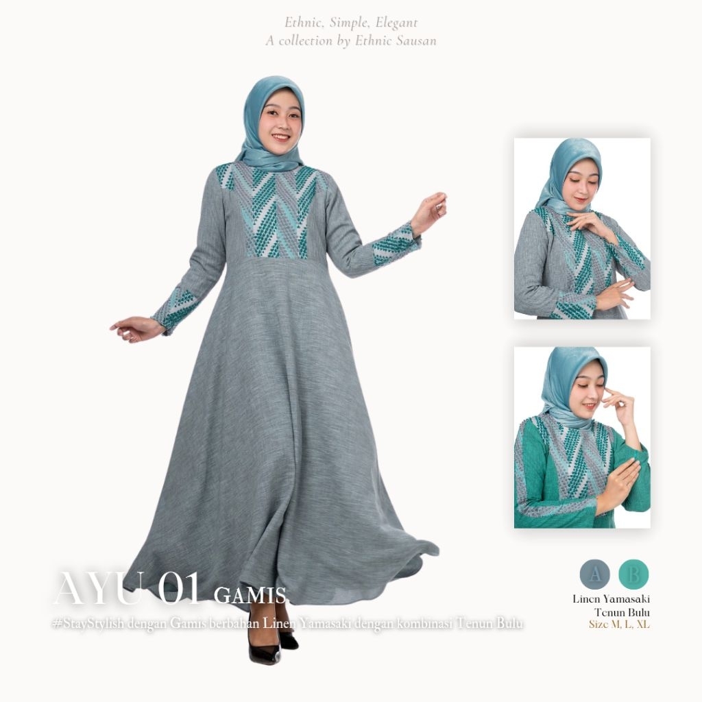 AYU 01 Gamis | Gamis Linen Yamazaki Kombinasi Tenun Bulu | Gamis Wanita | Dress Wanita | Gamis Tenun