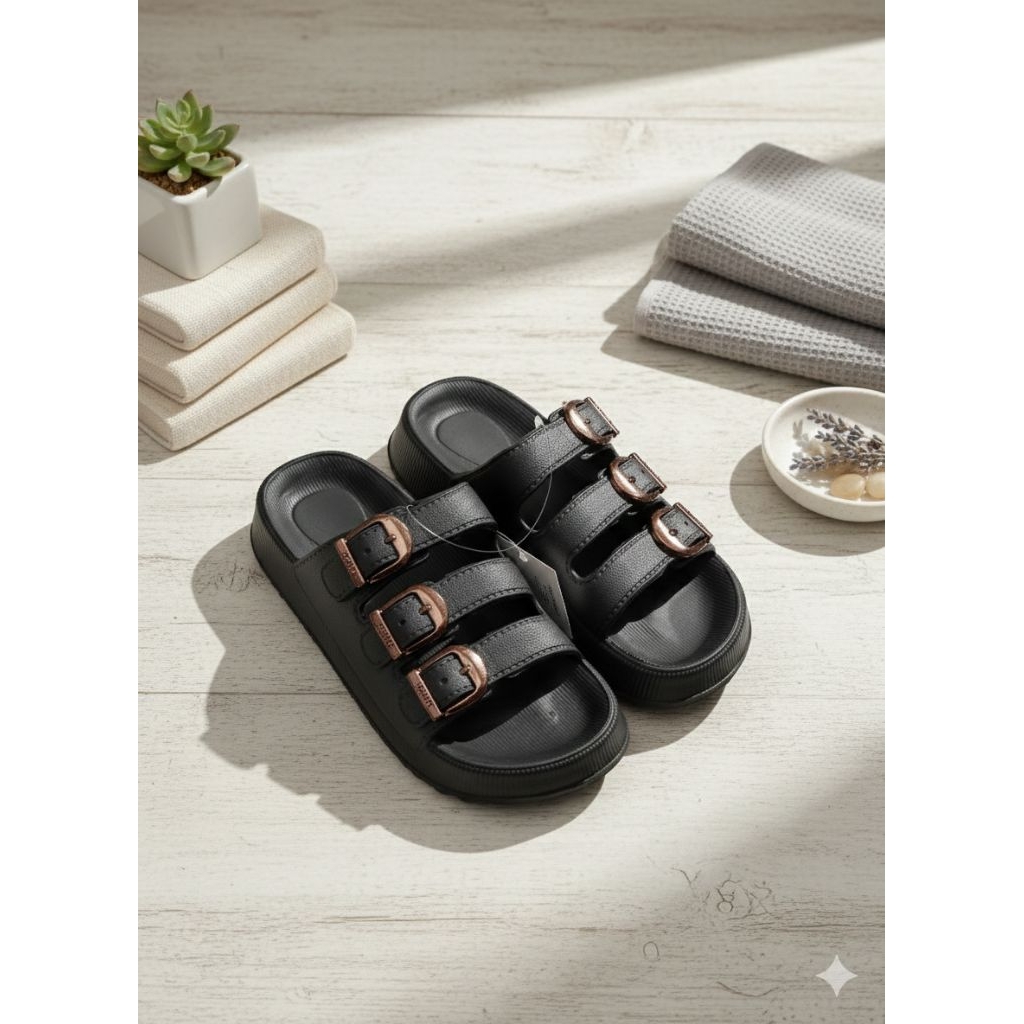 SANDAL TRIPLE BUCKLE WANITA || SANDAL WEDGES