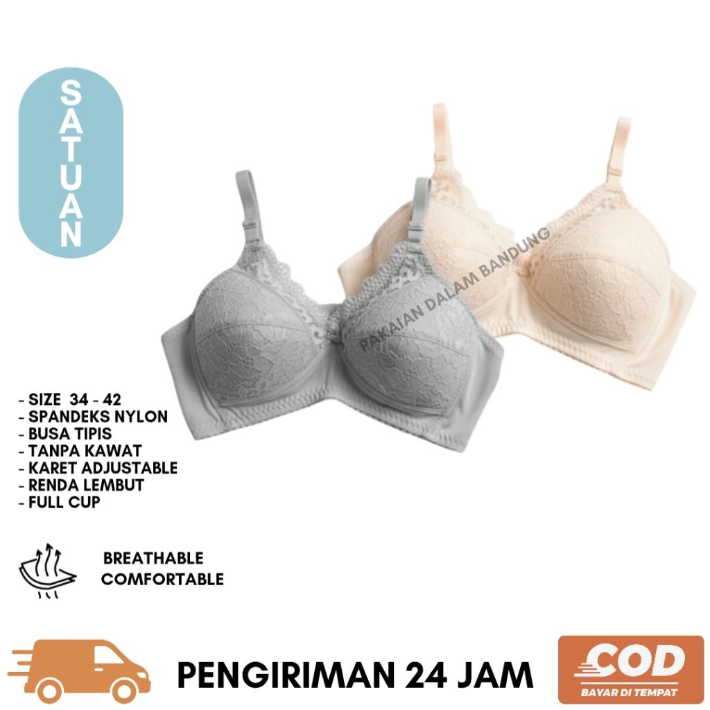 Bra Tanpa Kawat Busa Tipis Bahan Spandek Nylon Cup C Kait 3 Size 34 36 38 40 42