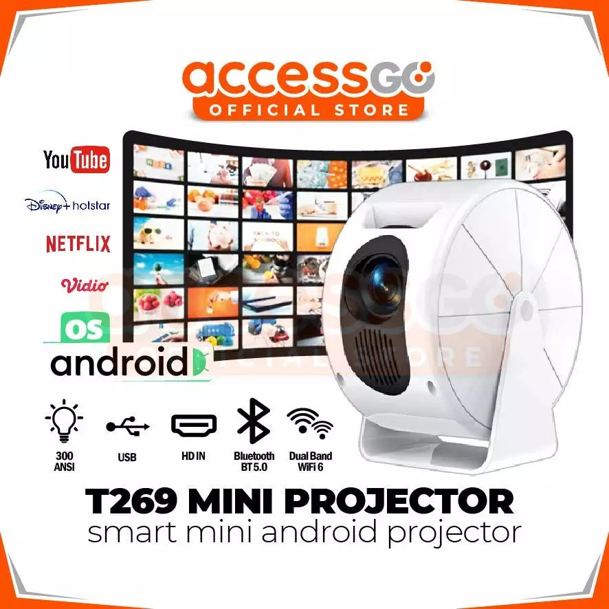 Proyektor Mini T269 Android Smart 4K Full HD 360° Rotating - Accessgo