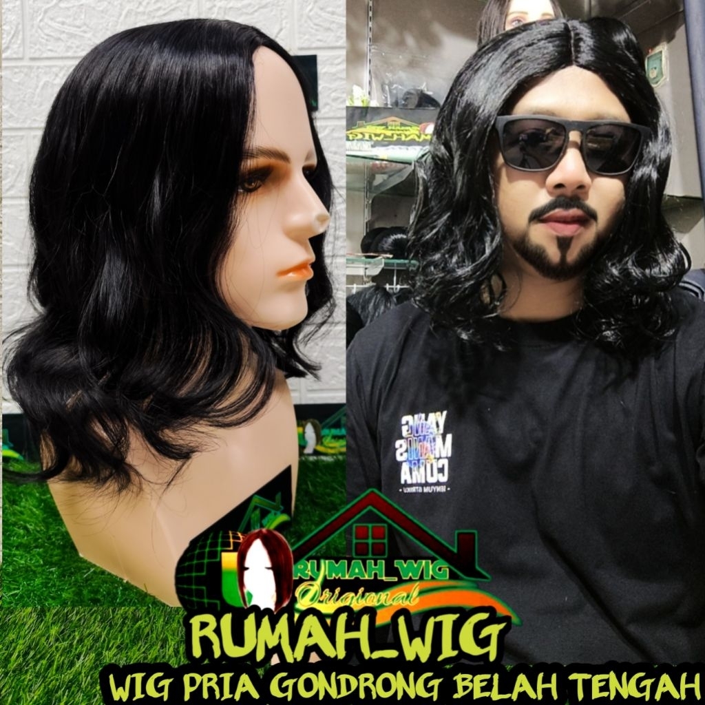 WIG~009 WIG COWOK RAMBUT PALSU PRIA GONDRONG IKAL BELAH TENGAH WARNA HITAM GRATIS WIGCAP